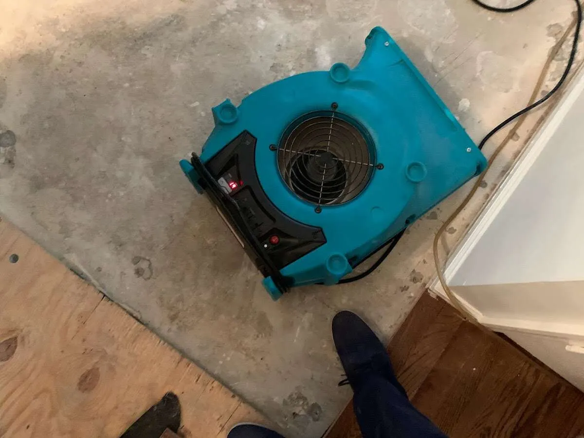 Air mover drying subfloor during Commercial Water Damage Restoration in Dunellen